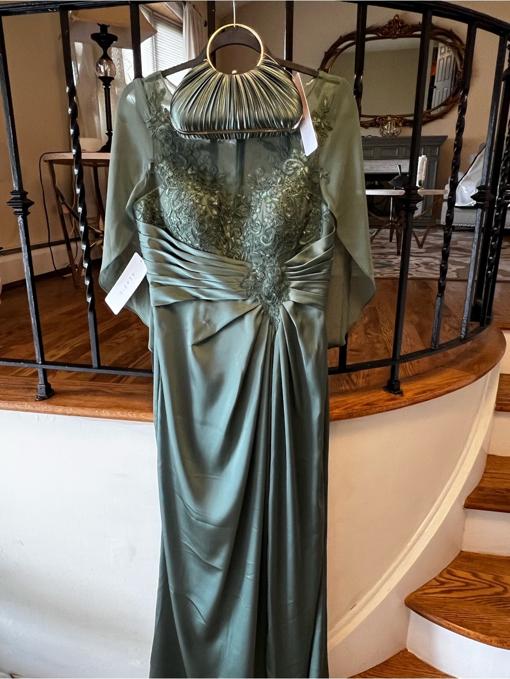 By Azazie Eucalyptus Lace-Appliqué Maxi Dress with matching handbag